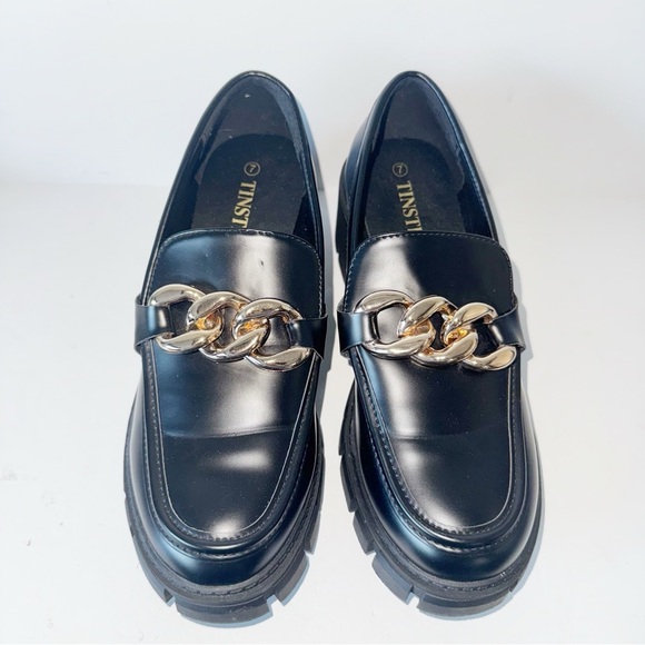 TINSTREE Platform Black Loafers Chain Sz 7 Chunky Heel Slip On Round Toe Shoes - Picture 4 of 14